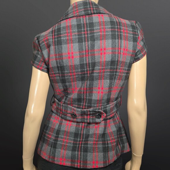 Y2K Red Gray Plaid Fitted Blazer Size M Cap Sleeve Punk Academia Office Siren - Picture 7 of 10